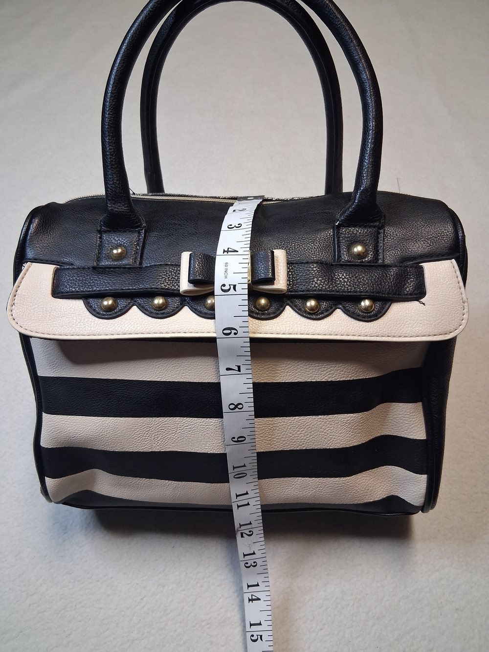 Betsey Johnson Black and Cream Striped Top-Handle Satchel with Bow Accent - Picture 3 of 13